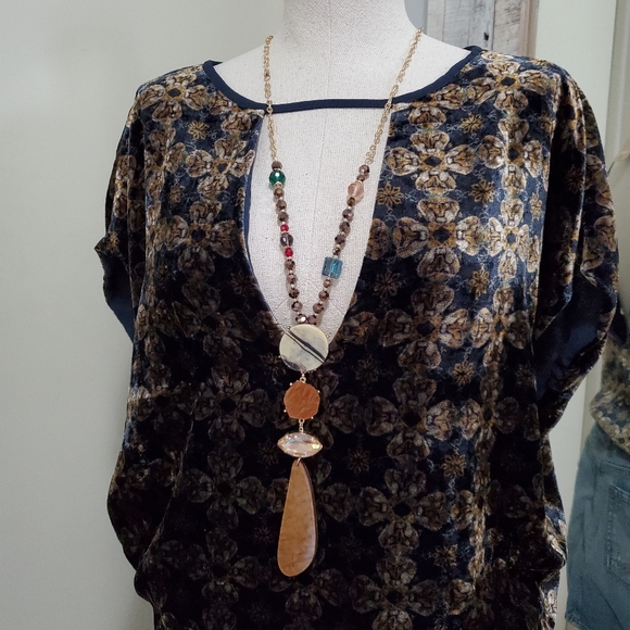 Bold Statement Pendant Necklace Celluloid & Stone Mix Media Gold Link Chain - Picture 2 of 9